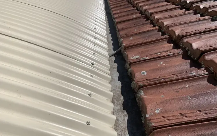 Gutter mesh fitted where a bullnose verandah roof meets a terracotta tiled roof