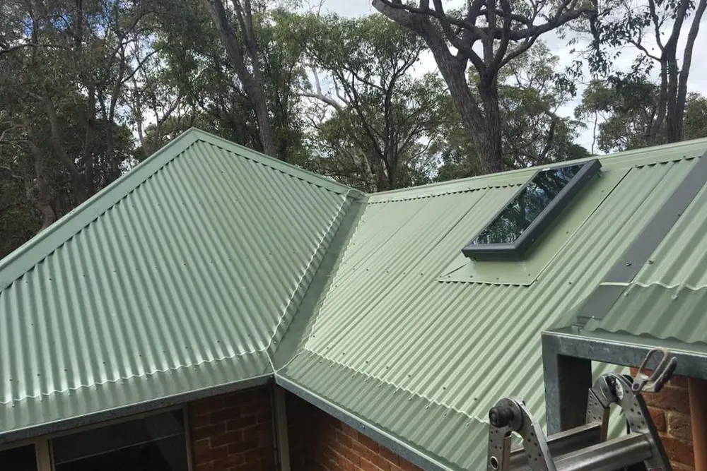A green corrugated roof with gutter mesh along the gutter line